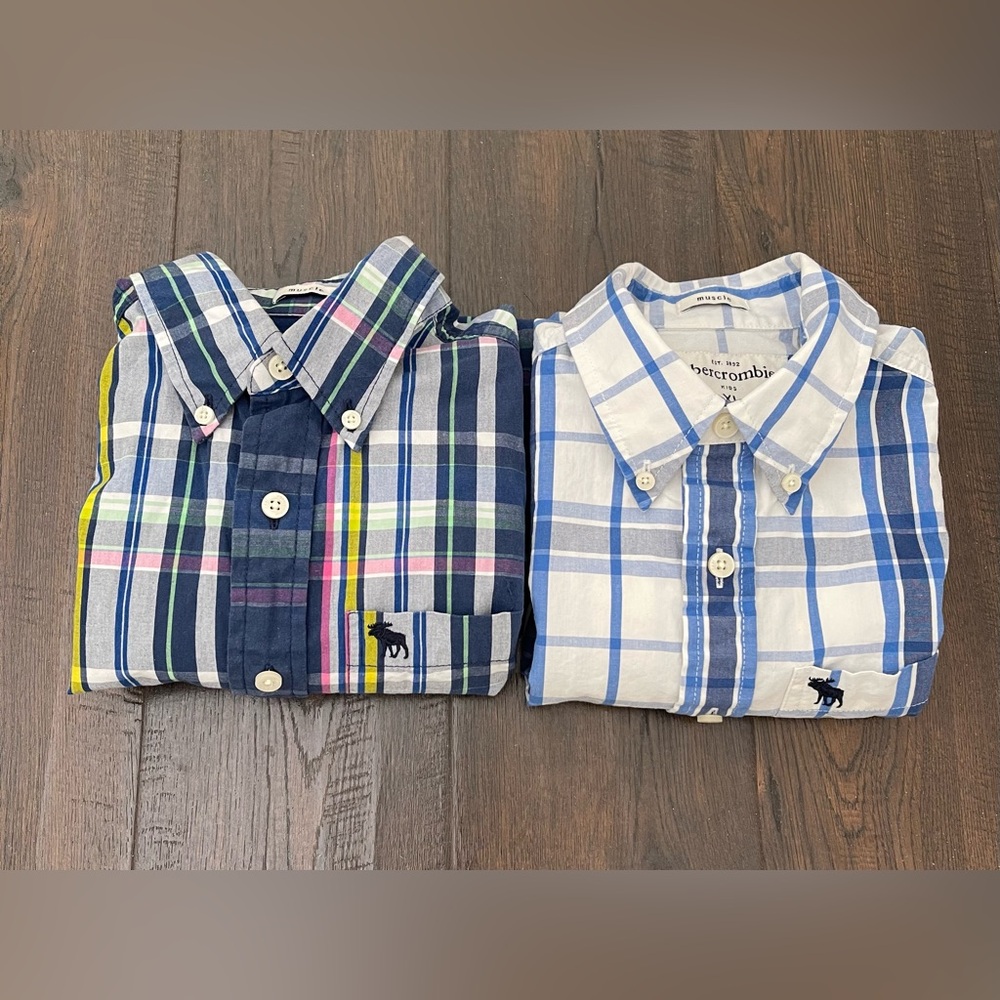 ABERCROMBIE KIDS Muscle Navy and White Plaid Button-Down Shirts LOT Size XL